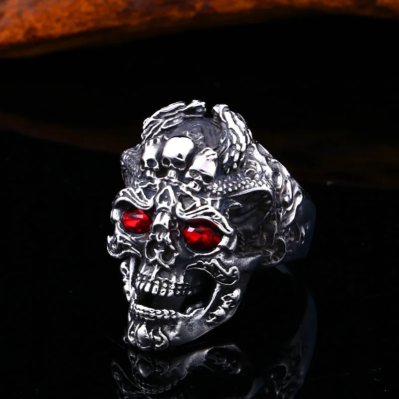 BEIER punk cool three skull With Blue/red eye Ring Stainless Steel Punk fashion for men jewelry Halloween party BR8-647