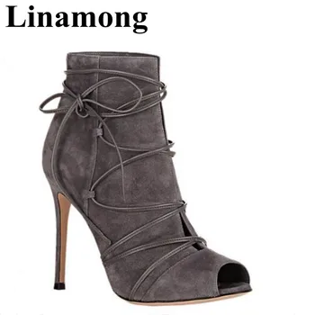 

Newest Spring And Autumn Peep Toe And Thin High Heel Lace Up Boots Flock Solid Fashion Sexy Cross-tied Women Short Boots