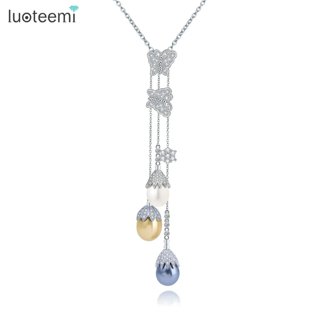 LUOTEEMI Fashion CZ Crystal Butterfly With Multi Color Imitated Waterdrop Pearl Drop Long Tassel Chain Necklace