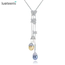 LUOTEEMI Moda CZ Waterdrop Imitado Cristal Mariposa Con Multi-Color Perla Caída Larga Borla Collar de Cadena Para Las Mujeres