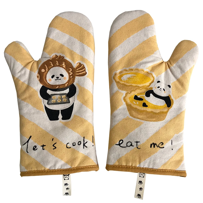 2pcs Yellow White Stripe Cotton Oven Gloves Heatproof Mitten Cartoon