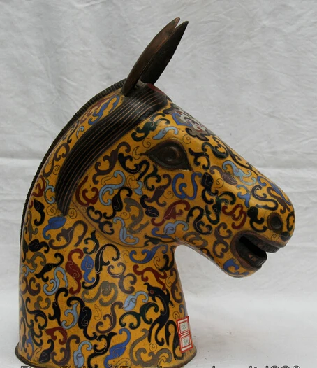 

JP S0524 12" Chinese Fengshui Cloisonne Enamel Copper Zodiac Year Horse Head Bust Statue B0403