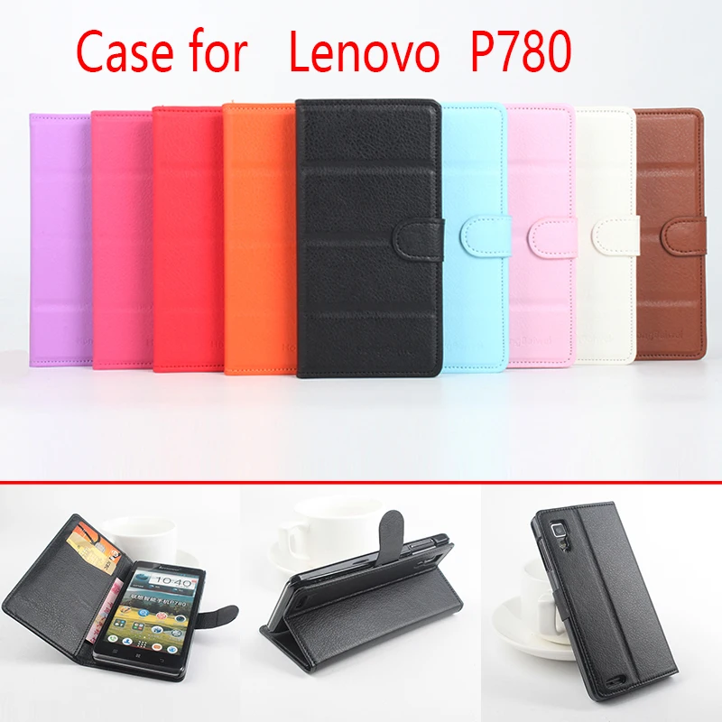 

For Lenovo P780 Phone Case Folio Flip Pure Color Lichee Pattern PU Leather Wallet Case Cover Cash/Card Slots sanheng