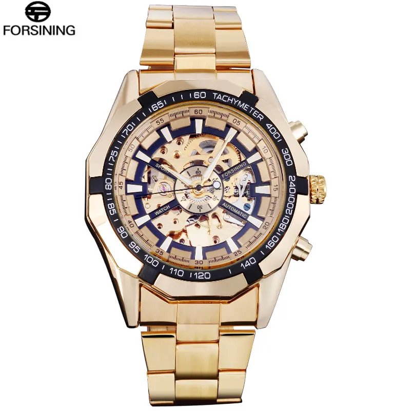 FORSINING الأعمال الرجال الهيكل العظمي ساعات أوتوماتيكية الذهب الفولاذ المقاوم للصدأ ساعات آلية الذكور اللباس ساعة Relogio Masculino