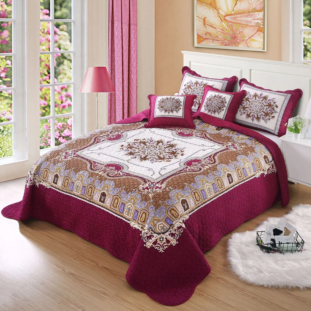 

CHAUSUB Bedspread Cotton Quilt Set 3pcs Coverlet Europe Palace Printed Quilts Quilted Bed Cover Pillowcase King Size Blanket