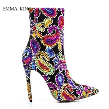 

New Design Botines Mujer Fashion Bright Flowers Thin High Heels Ankle Boots for Women Spring Autumn Pointed Toe Ladies Shoes