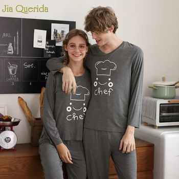 

Pajama Set 2019 Fashion Men and Women's Matching Sleepwears Cartoon Printing Grey Modal Long Sleeves Couple Leisure Home Clothes
