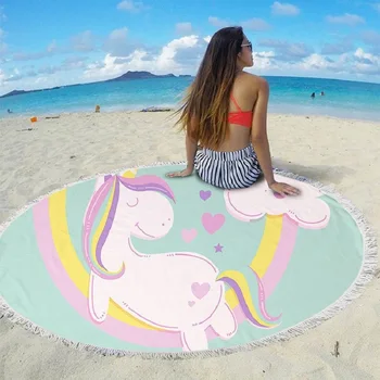 

Modern Cartoon Unicorn Mandala Tassel Beach Throw Large Round Cartoon Beach Towel Picnic Blanket Mat Pool Tapestry Yoga Mat 150c