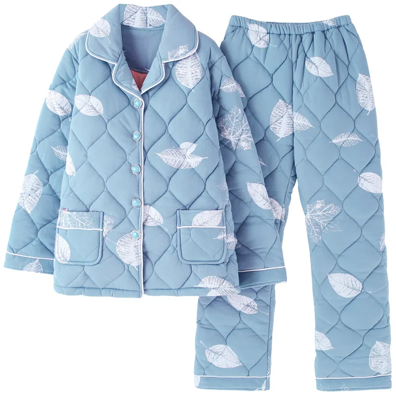 Зимний женский пижамный комплект для мамы среднего возраста, хлопковый плотный Пижамный костюм с принтом, длинные штаны, домашняя одежда, комплект из двух предметов