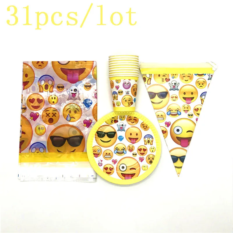 

Cute Emoticon Theme 31Pcs/Lot Family Party Kid Birthday Party Decorations Cups Plates Tablecloth Banners Family Party Supplies