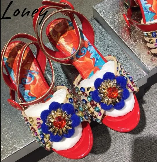 

Loney New Genuine Leather Jewel Crystal Beading Summer Sandals Open Toe Floral HIgh Heel Sandals Printed Floral Sandals