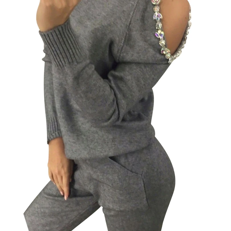  MVGIRLRU sweater suits diamond knitted suit open shoulder sleeve jumper tops and pants womens two p