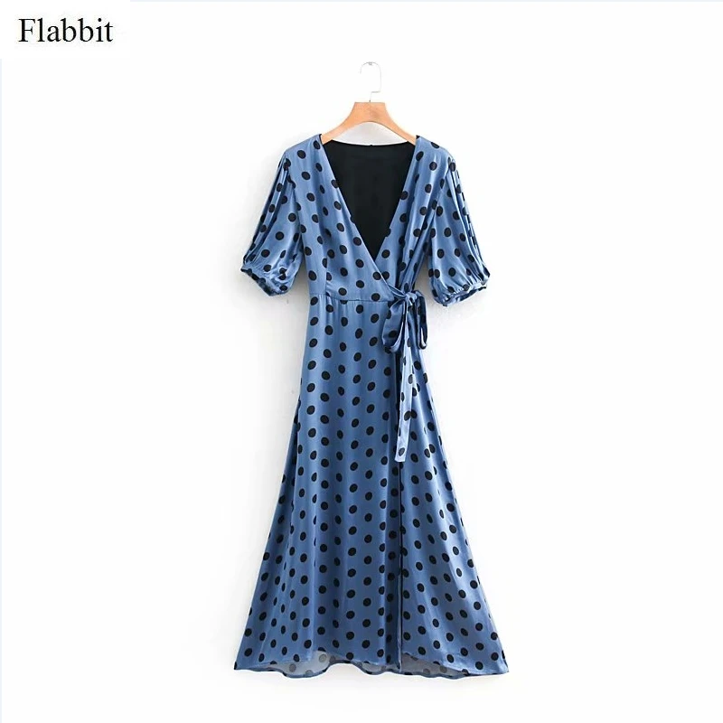 

Flabbit women vintage cross v neck dots print casual bow tied sashes midi dress lady lantern sleeve vestidos party dresses DS287