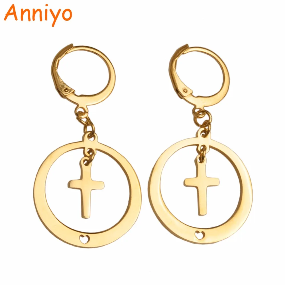 Buy Anniyo Gold Color Rund Earrings With Cross for
