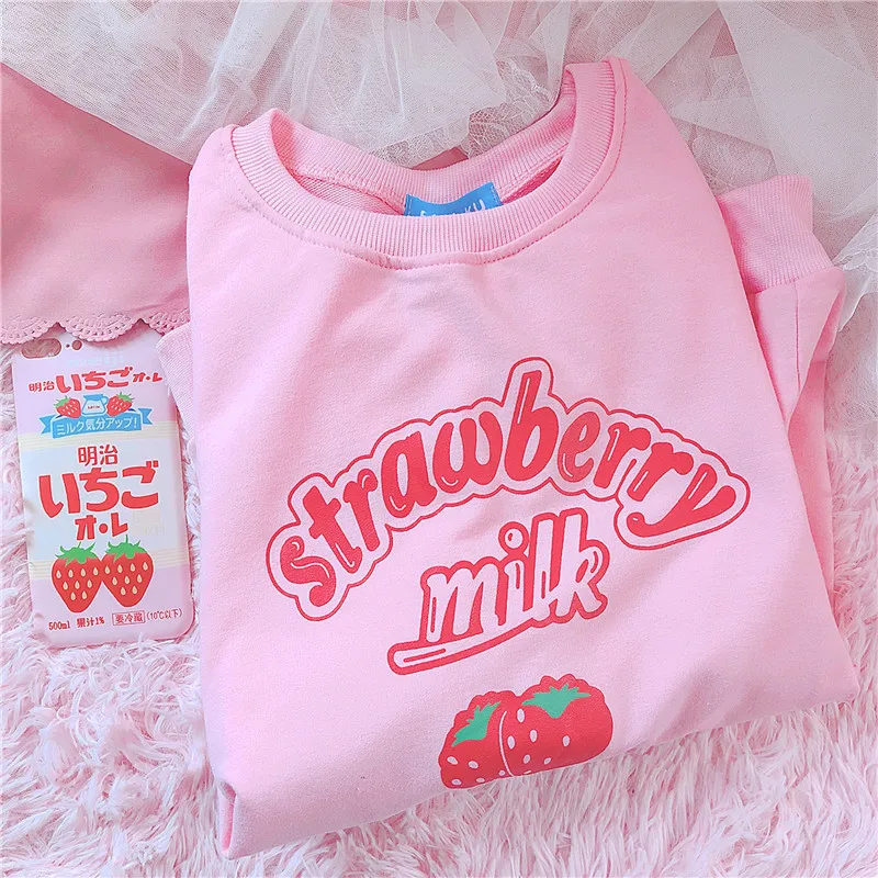 Harajuku Kawaii Strawberry Milk Hoodie Sweatshirt Tops Women Kpop Lolita Style Strawberry Sweatshir