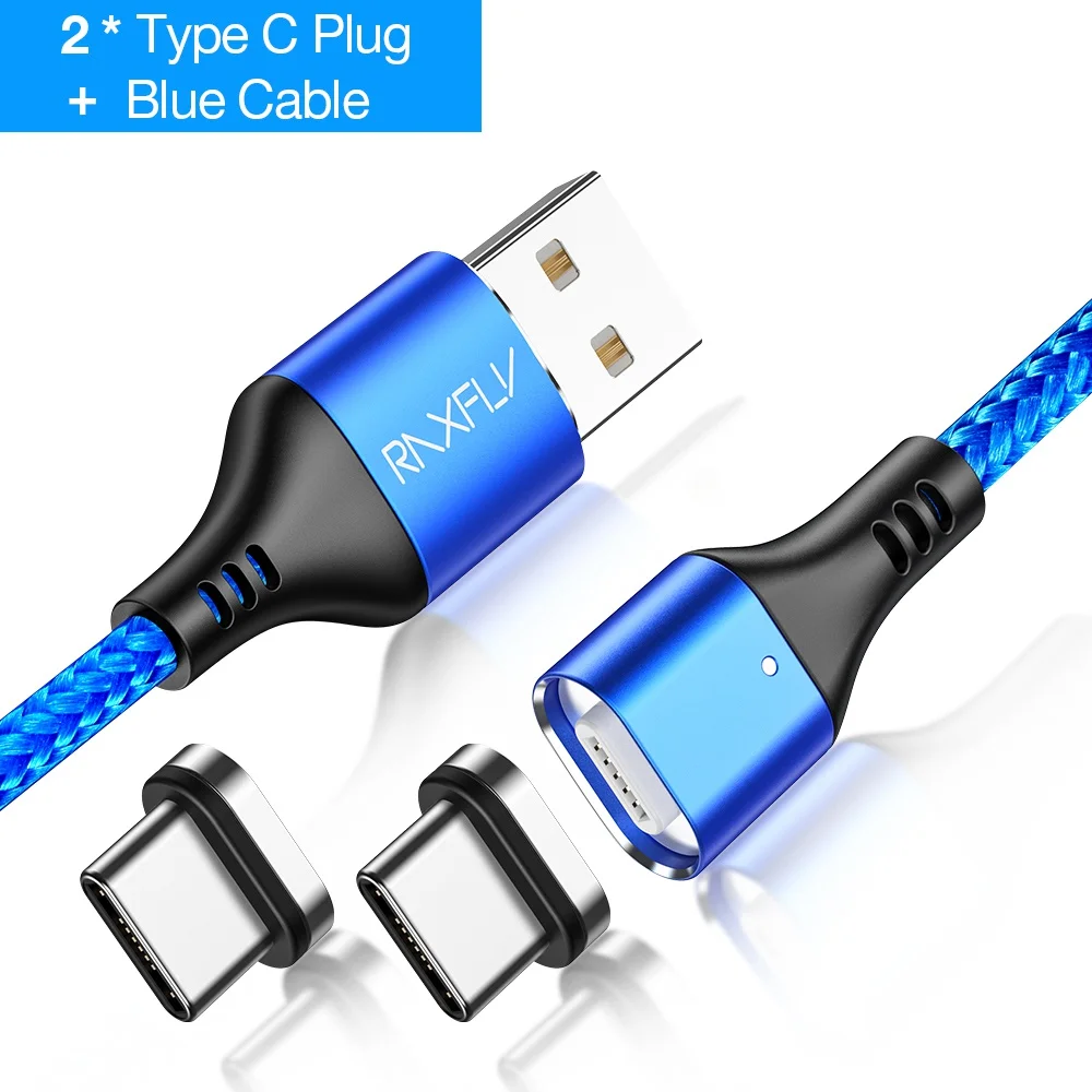 2 Plug Blue Type C Магнитный кабель RAXFLY 3A, зарядное устройство для samsung S8 S9, Магнитный зарядный провод для huawei mate 20 Pro, магнитный Micro usb type-C кабель - Цвет: 2 Plug Blue Type C
