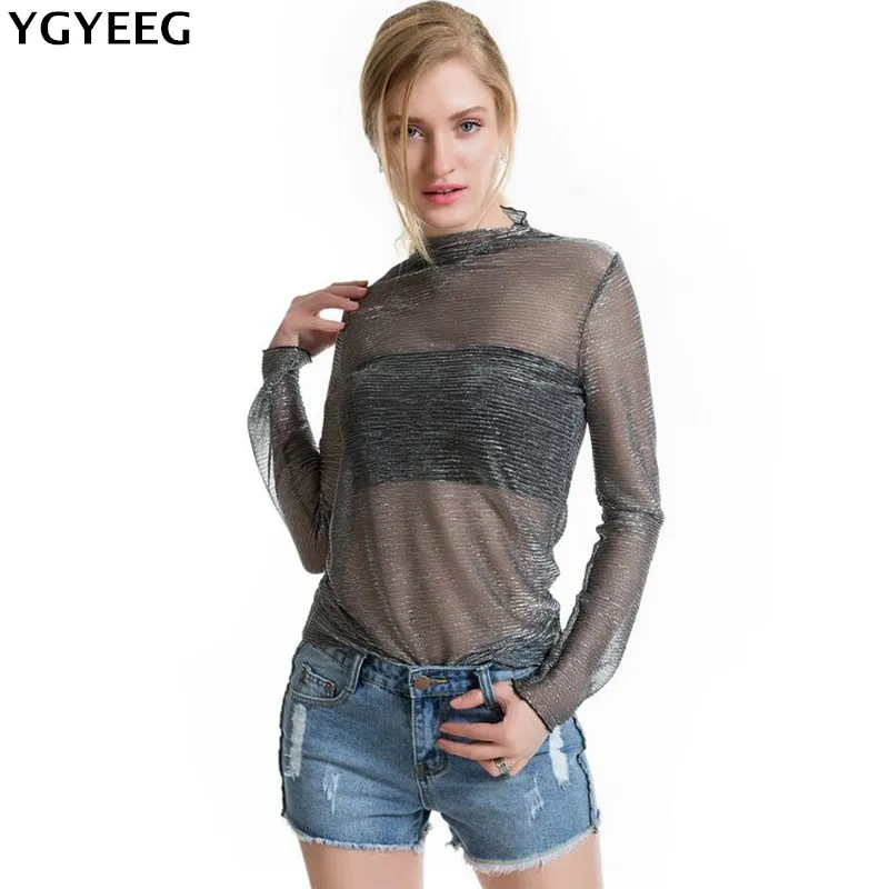 

YGYEEG 2018 Sexy Women Blouses See Through Transparent Mesh Stand Neck Long Sleeve Sheer Blouse Shirt Ladies Tops Tee Plus Size