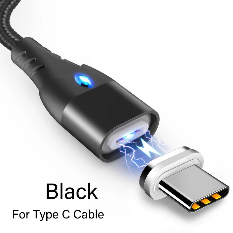 Магнитный кабель Micro usb type C для iPhone Lighting Cable 1 M 3A провод для быстрого заряда type-C Usb магнитное зарядное устройство кабели для мобильных телефонов - Цвет: Black For Type C