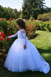 Формальное белое платье с цветочным узором для девочек Тюлевое платье для первого причастия, для крещения, кружевное платье принцессы для