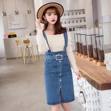 Women'S Skirt High Waist Suspender Denim Skirts With Sashes Spring Summer Elastic Student Jumper Overall Skirts Female - Цвет: Dark Blue