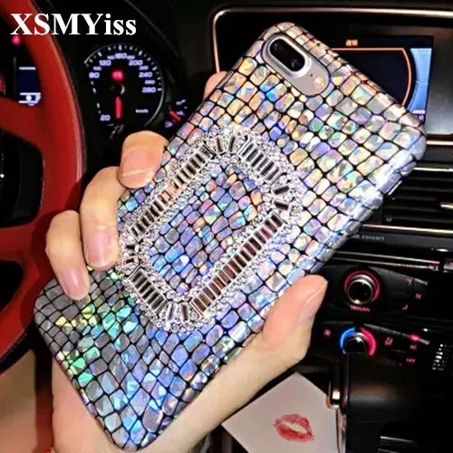 

XSMYiss Laser Rainbow Gradient Phone Case For IPhone7 8Plus Colorful Crocodile Print Leather Back Cover Case for Iphone6 X 6Plus