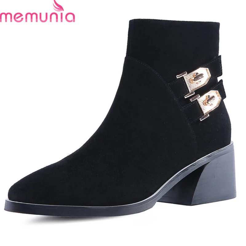 

MEMUNIA 2018 big size 33-48 ankle boots for women flock zipper autumn boots round toe square heels shoes woman fashion boots