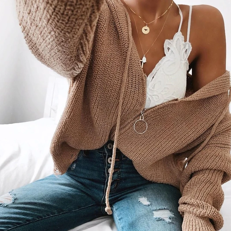 

Autumn Winter Hole Sweater 2019 Knitted Women Sweaters zipper cardigan hooded coat Casual Sweaters Loose Female cardigans