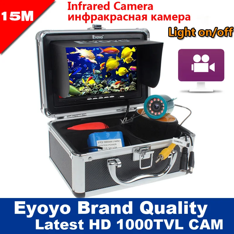 Eyoyo Original 15M 1000TVL Underwater Fishing Camera Video Recording DVR Fish Finder 7" Monitor Infrared IR LED Free Sunvisor