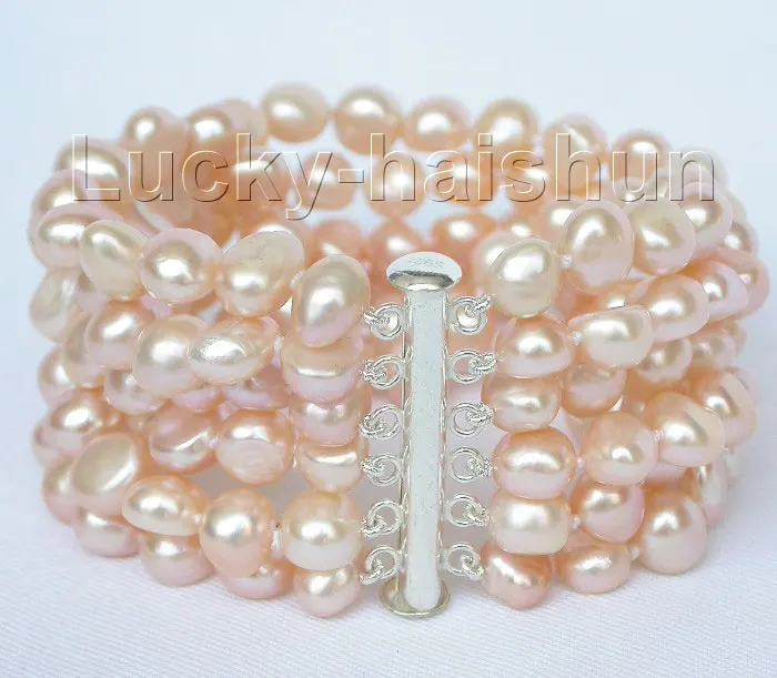 

Fast shipping8" 6row 9mm baroque pink pearls bracelet bangle magnet clasp j8831 Natural >>free shipping -Bride jewelry free ship