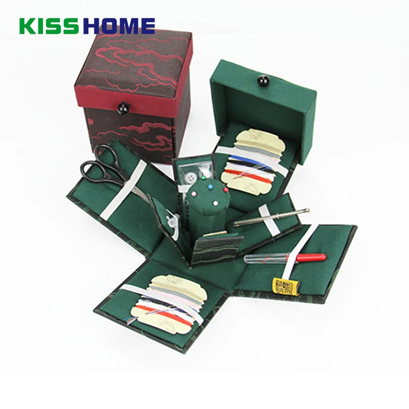 

Auspicious Clouds Green Red Sewing Kits Box Chinese Cotton Silk Embroidery Bloom Craft Storage Multi-function Sewing Accessories
