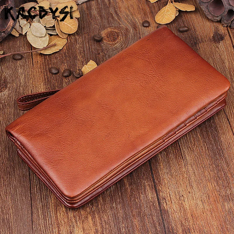 

KACDYSI Designer Handmade Vegetable Tanned Leather Long Mens Wallets Vintage Soft Cash Purse Male Money Clip Wristlets Phone Bag