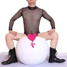 Мужчины Сексуальная Перспектива сетка видеть сквозь с длинными рукавами эластичные с высоким воротником тайское трико черный