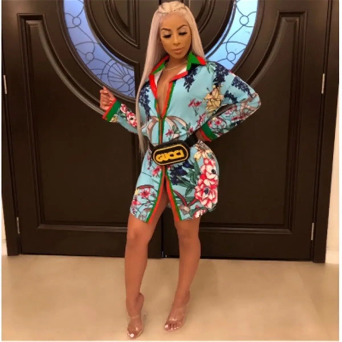 

2019 fashion African national style, digital print sexy lapel, single breasted, casual fashion, loose dress