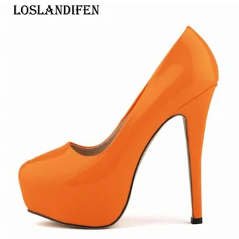 

Loslandifen Ladies Candy Color Round Toe Platform Party Pumps Fashion Plus Size 35-42 Women Pu Leather Evening High Heel Shoes