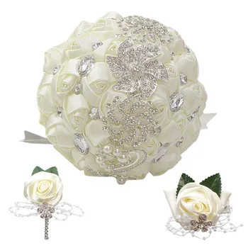 

Three-piece wedding bride holding flowers artificial bouquet ribbon rhinestone pearl bouquet decoration everlasting flower