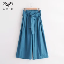 

WOSU Women Solid Color High Waist Wide Leg Pants Ankle-Length Cotton Pleated Pants Casual Loose Pants BB254