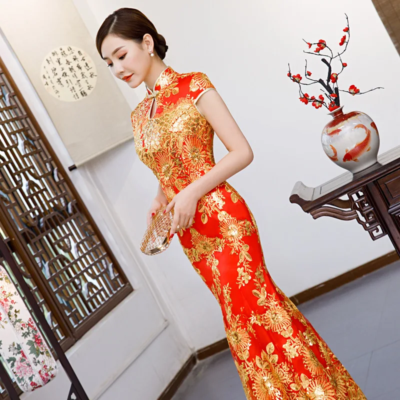 Красный вышивка Cheongsam Сексуальные платья Qipao длинный китайский традиционный свадебный платье восточные Свадебные платья с коротким рукавом QLX