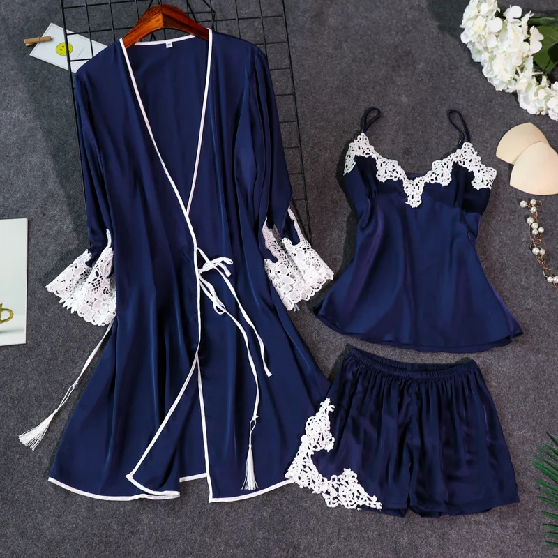 

2019 3 PCS Women Pajamas Sets With Shorts Pyjama Satin Embroidery Nightwear Silk Negligee Sleepwear Pijama Chest Pads