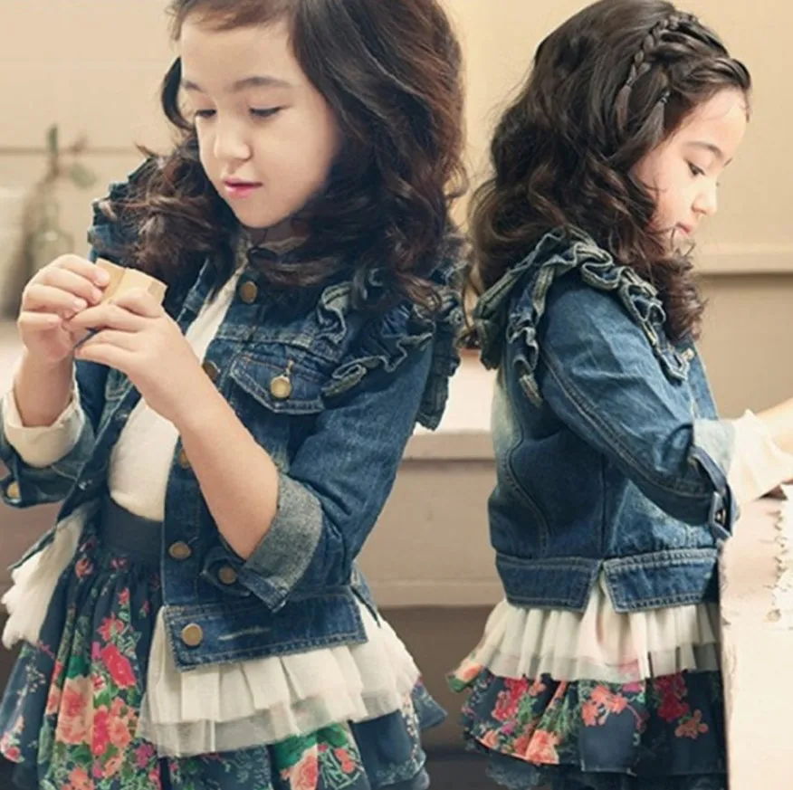 

2019 spring and autumn new Korean girls denim jacket girls lace side long sleeve shirt children's clothing cardigan braid