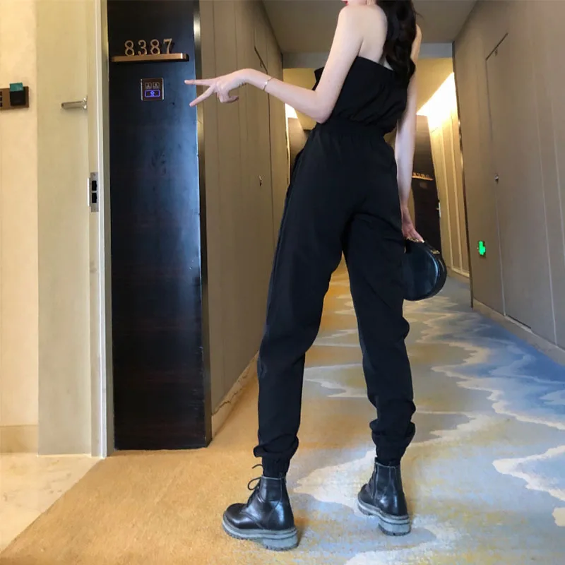 Летний женский сексуальный обмотанный нагрудный комбинезон на молнии черные брюки карго с высокой талией повседневные спортивные брюки женские новые осенние