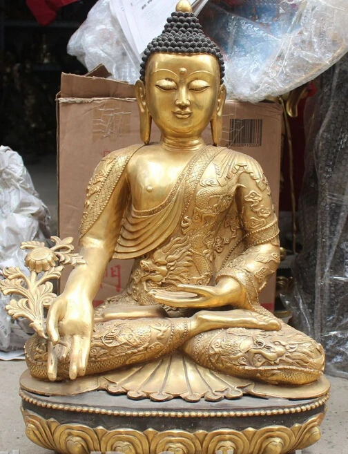 

shitou 002929 28" Tibet Bronze Gilt Dragon Medical Menla Medicine Buddha On Lotus Statue