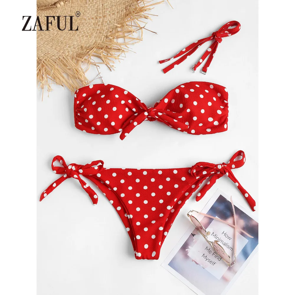 

ZAFUL Bikini 2018 Polka Dot Swimwear Women Tie Sides Swimsuit Bandeau Bikini Set Sexy Low Waisted Strapless Padded Bathing Suit