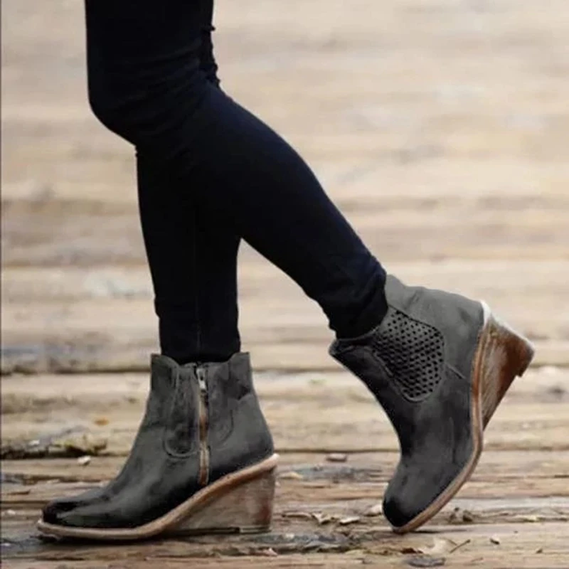 

high heel women's boots pointed side zipper openwork retro fashion wedge with low to help women's 2019 new fashion style