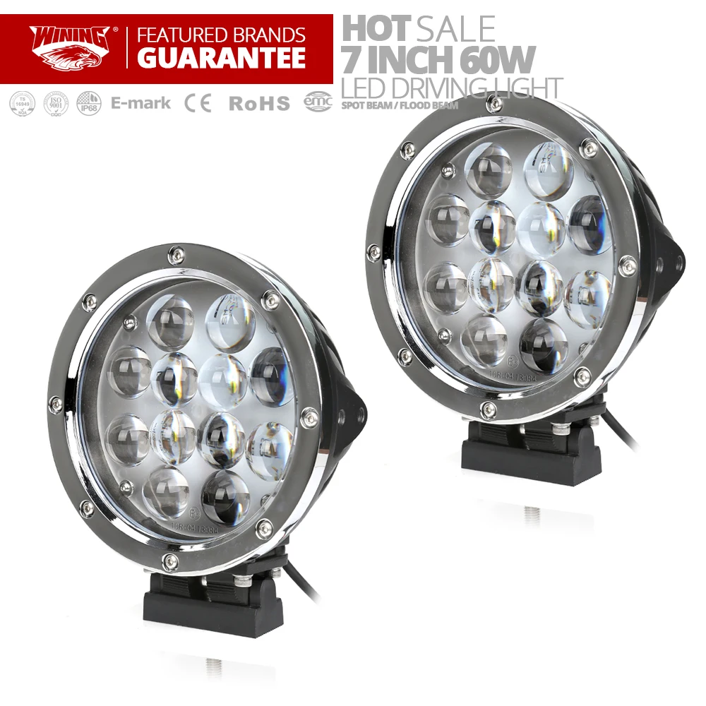 

Free Shipping 2PCS 7inch 60W Round Led Off Road Light 12V Spot Driving Work Wrangler JK HeadLight 4x4 Truck Driving lights Flood