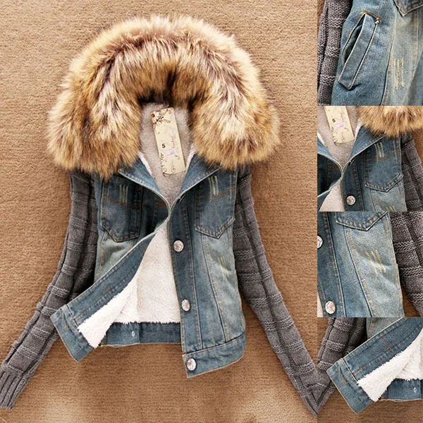 En Ligne 2019 mode bonne qualité hiver femmes jean manteau polaire court Denim veste mince col de fourrure hauts d extérieur