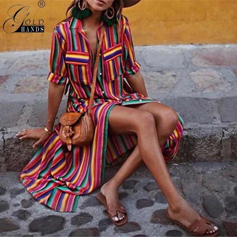 Gold Hands Summer Women Girl Multi-color Striped Short Sleeved Blouse Plus Size Beach Casual Streetwear Lady Shirt Free shipping