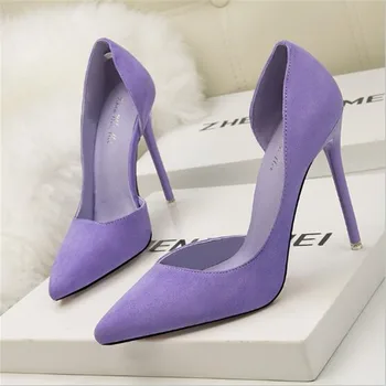 

2019 New Shallow Women Shoes Flock Thin Heel Side Cut-Outs Sexy Women Pumps Pointed Toe Autumn High Heels 11cm Party Shoes Woman