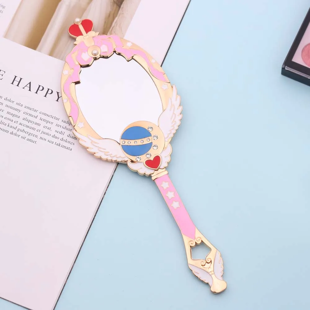 Sailor Moon, металлическое овальное ручное зеркало для макияжа, для девушек, короны-зеркала, косметический комод, инструмент для макияжа, розовое, синее зеркало с кристаллом - Цвет: Розовый