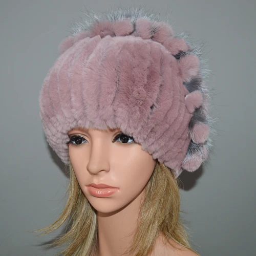 pink Новинка Россия женский Настоящий мех кролика Skullies шапки Роскошные вязаные цветы натуральный мех кролика рекс шапка зимние шапки из натурального меха - Цвет: pink