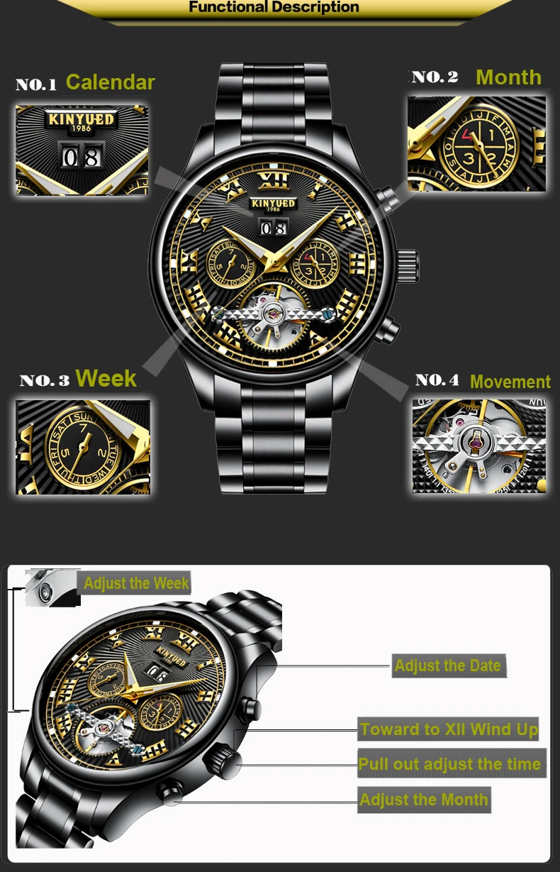 KINYUED Automatic Mechanical Watches Men Top Brand Luxury Tourbillon Stainless Steel Waterproof Man Watch Reloj Hombre